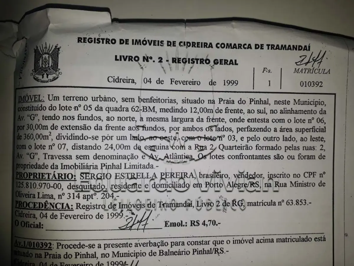 LOTE 002 - IMÓVEL EM PINHAL, LOTE 05, QUADRA 62-BM NA AV. G